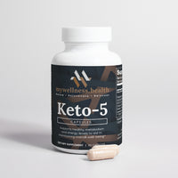 Keto-5 Natural Ketosis Fat Burner Supplement capsules in a clear bottle by mywellness.health, featuring a clean formula.