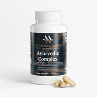 Green Ayurvedic complex supplement bottle featuring ashwagandha, turmeric, and holy basil by mywellness.health