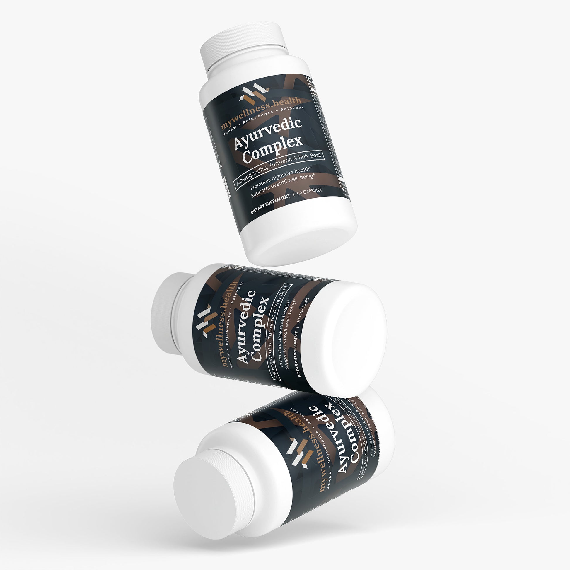 Green bottle of mywellness.health Ayurvedic Complex Supplement with ashwagandha, turmeric, and holy basil