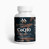 CoQ10 Ubiquinone 100mg capsules in a clear bottle, labeled for heart and energy support by mywellness.health
