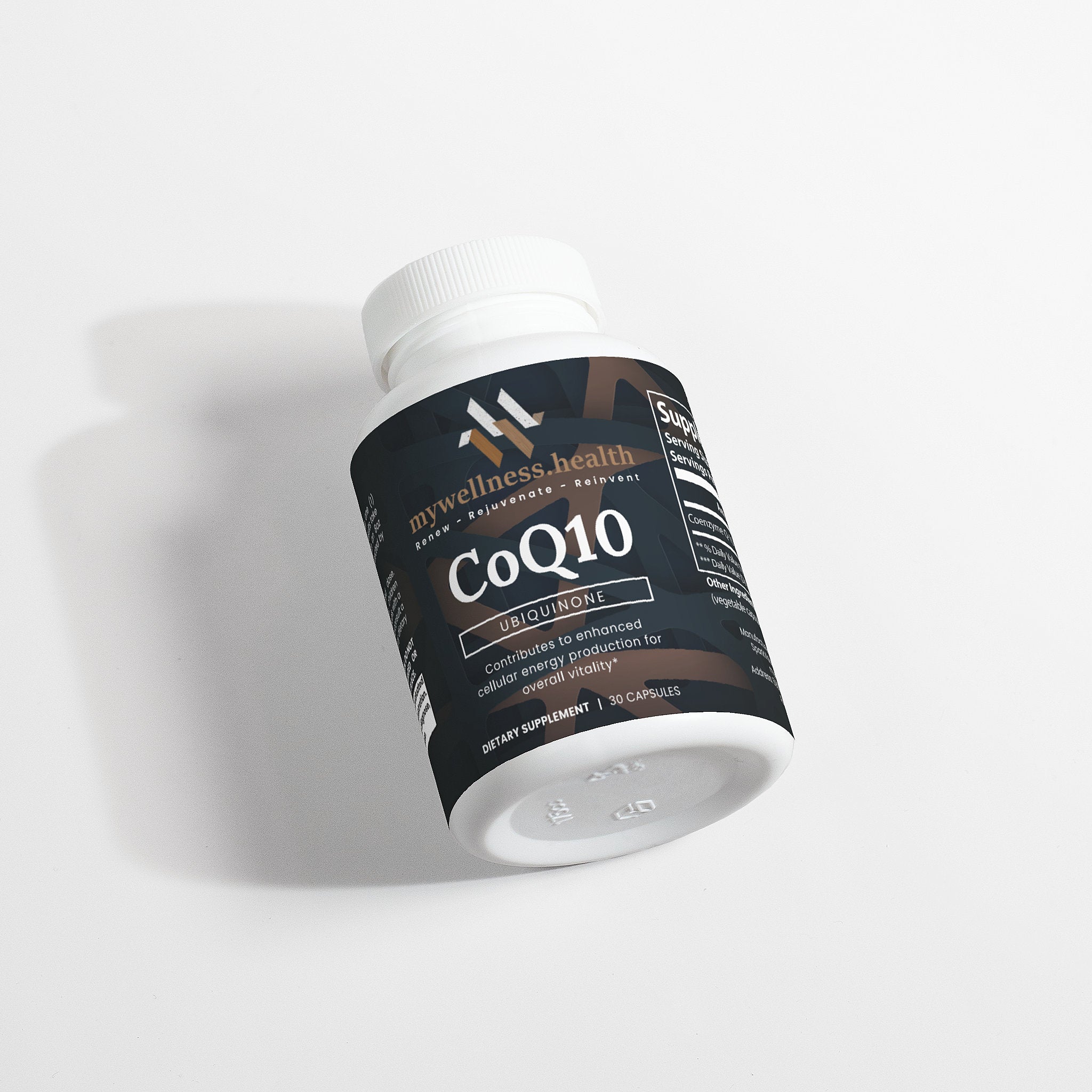 CoQ10 Ubiquinone 100mg capsules in a clear bottle, 30-count, by mywellness.health for heart and energy support.