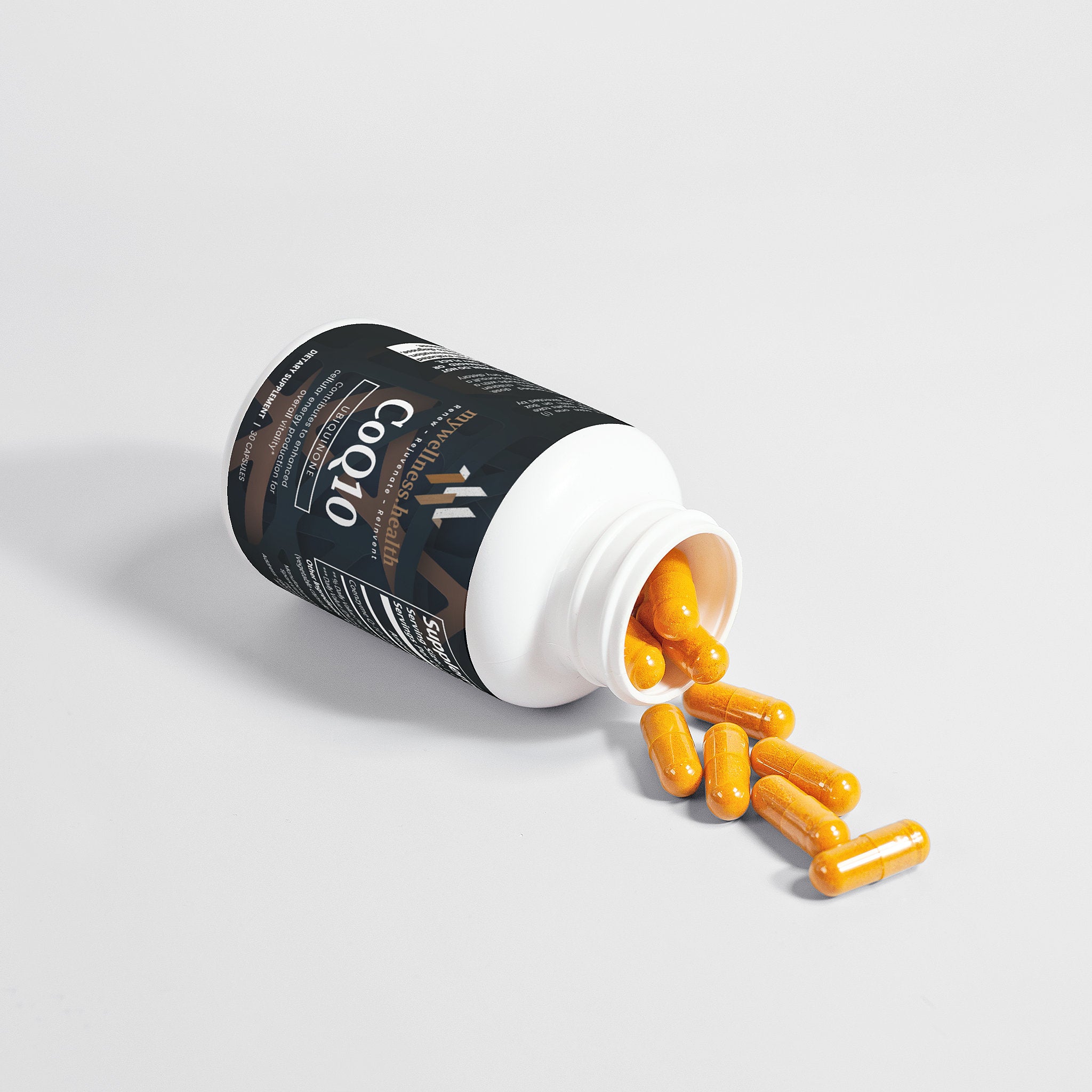 Green and white capsules of CoQ10 Ubiquinone 100mg for heart and energy support by mywellness.health