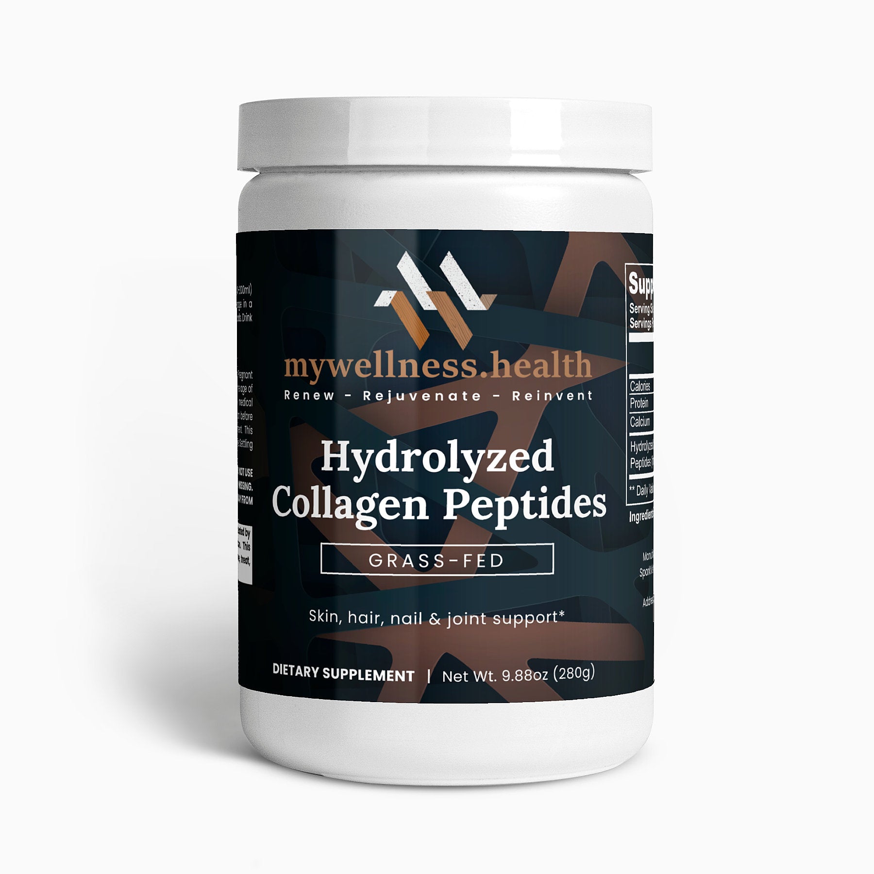 Natural bovine hydrolyzed collagen peptides in a 280g container by mywellness.health for bone health and anti-aging.