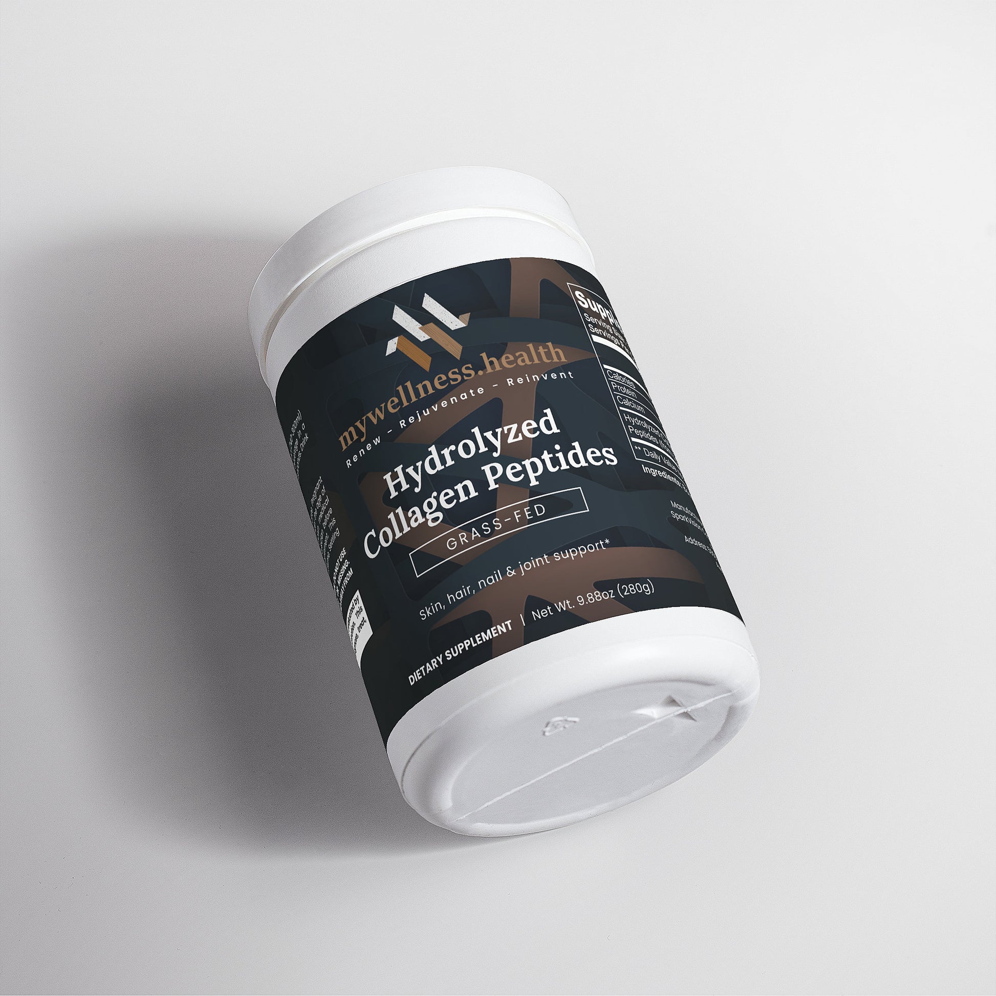 Natural bovine hydrolyzed collagen peptides powder in a 280g container by mywellness.health