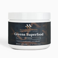 Greens superfood powder blend with spirulina, barley grass, and beet root by mywellness.health in a green pouch