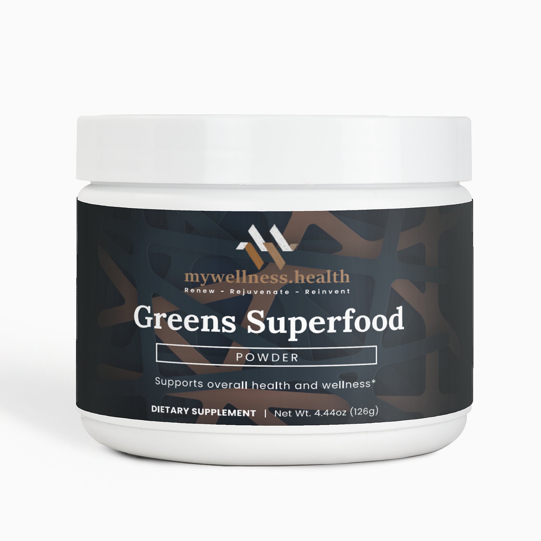 Greens superfood powder blend with spirulina, barley grass, and beet root by mywellness.health in a green pouch
