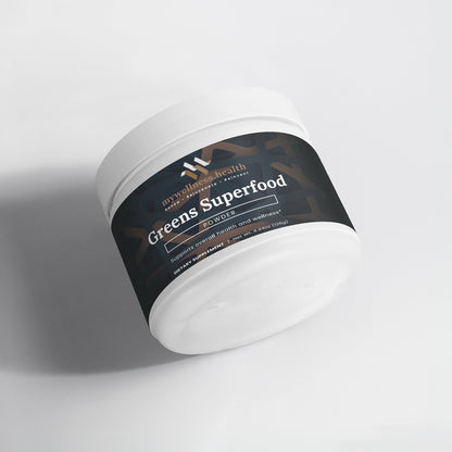 Greens superfood powder blend featuring spirulina, barley grass, and beet root by mywellness.health