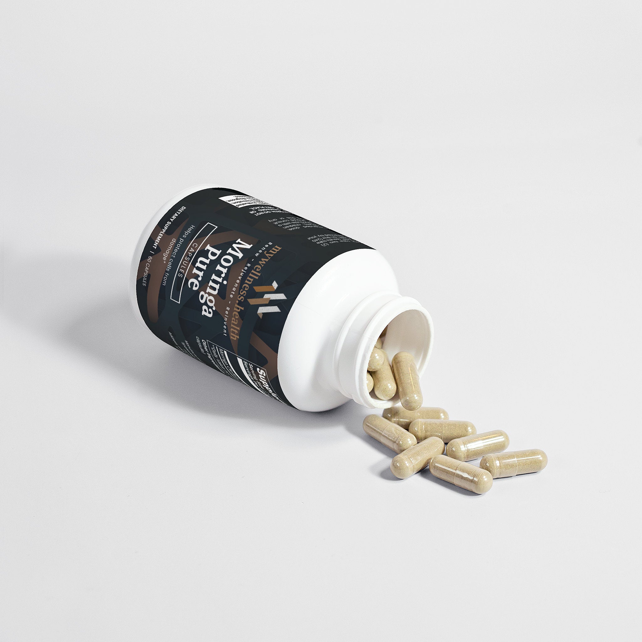 Green Moringa Pure Organic Leaf Capsules in a clear bottle by mywellness.health, allergen-free and natural supplement
