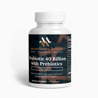 Probiotic 40 Billion with Prebiotics capsules in a white bottle by mywellness.health for digestive and immune support