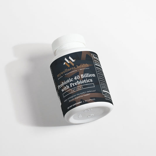 60-capsule bottle of mywellness.health Probiotic 40 Billion CFU with prebiotics for natural digestive support