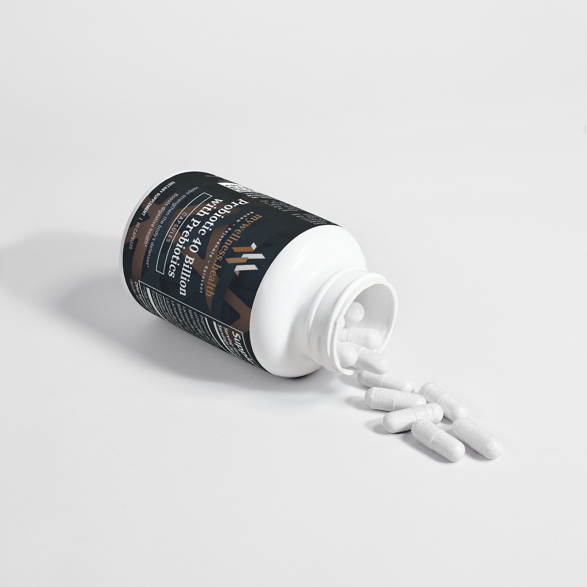 Probiotic 40 Billion with Prebiotics capsules in a clear bottle by mywellness.health for digestive and immune health