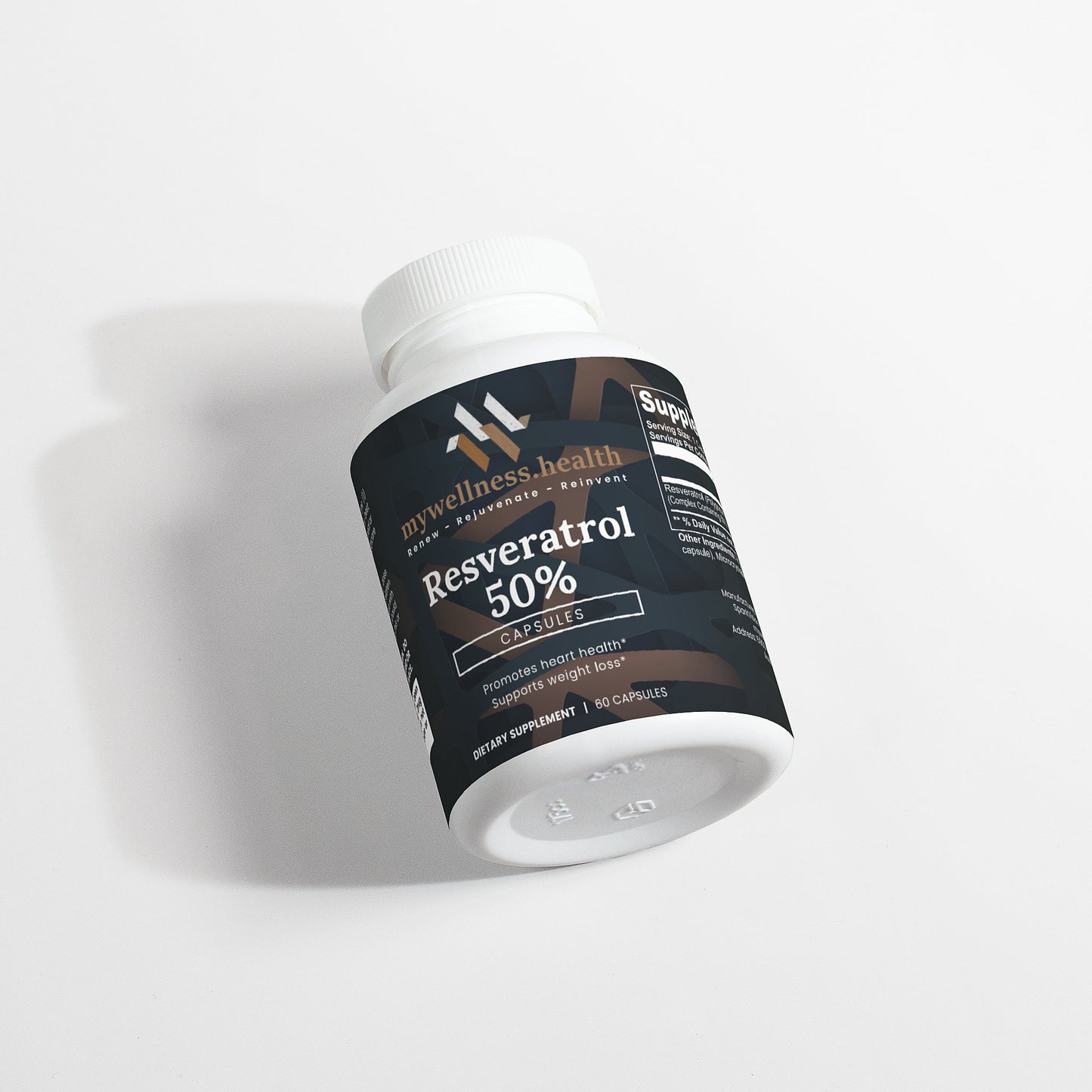 White bottle of mywellness.health Resveratrol 50% dietary supplement with clean-label and gluten-free label