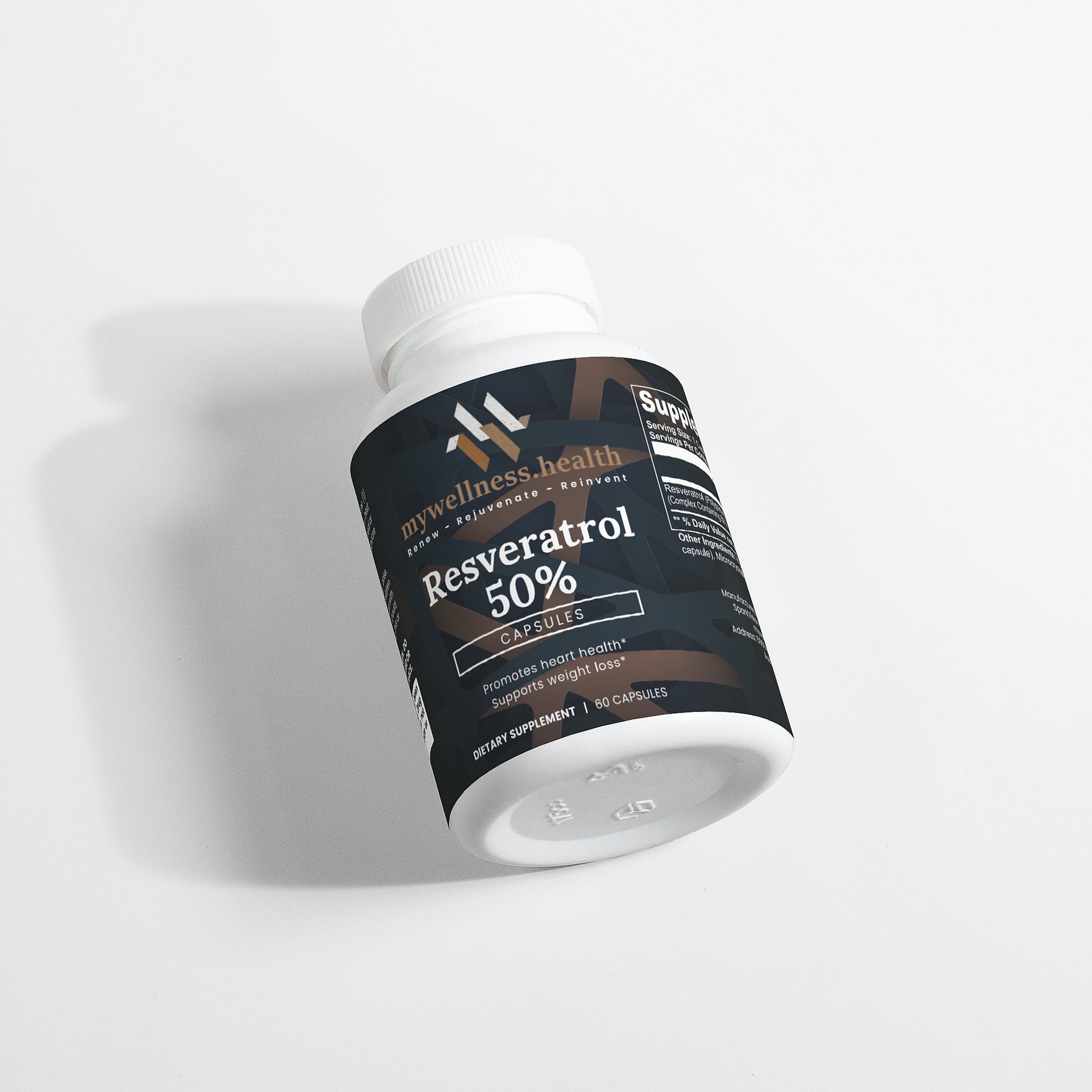 White bottle of mywellness.health Resveratrol 50% dietary supplement with clean-label and gluten-free label
