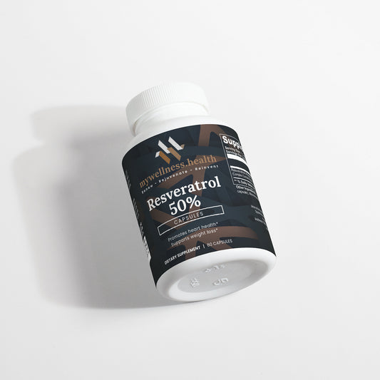 White bottle of mywellness.health Resveratrol 50% dietary supplement with clean-label and gluten-free label