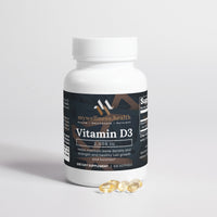 White bottle of mywellness.health Vitamin D3 2,000 IU, allergen-free daily supplement for bone health