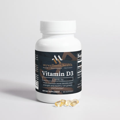 White bottle of mywellness.health Vitamin D3 2,000 IU, allergen-free daily supplement for bone health