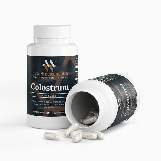 Natural colostrum capsules 500mg in a clear bottle for immune support by mywellness.health, allergen-free supplement.