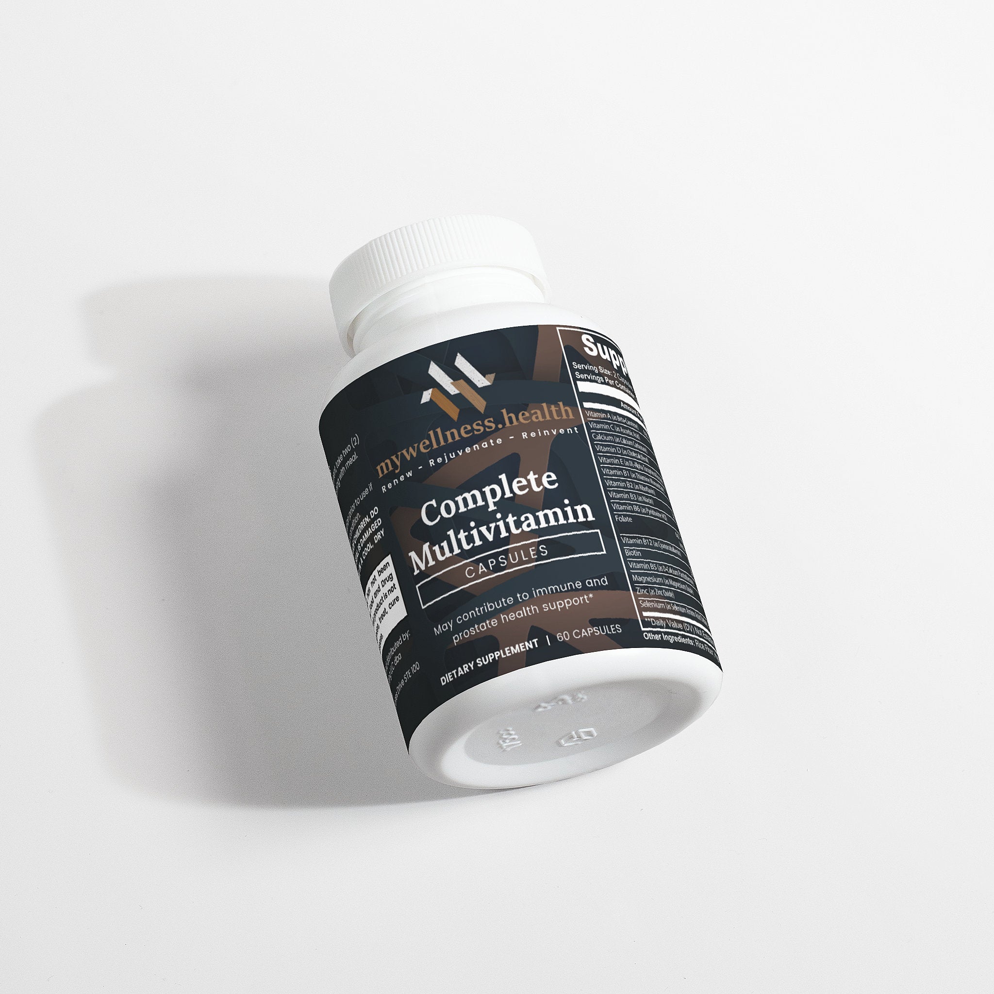 Green bottle of mywellness.health Complete Daily Multivitamin, plant-based, allergen-free, with B-complex vitamins.