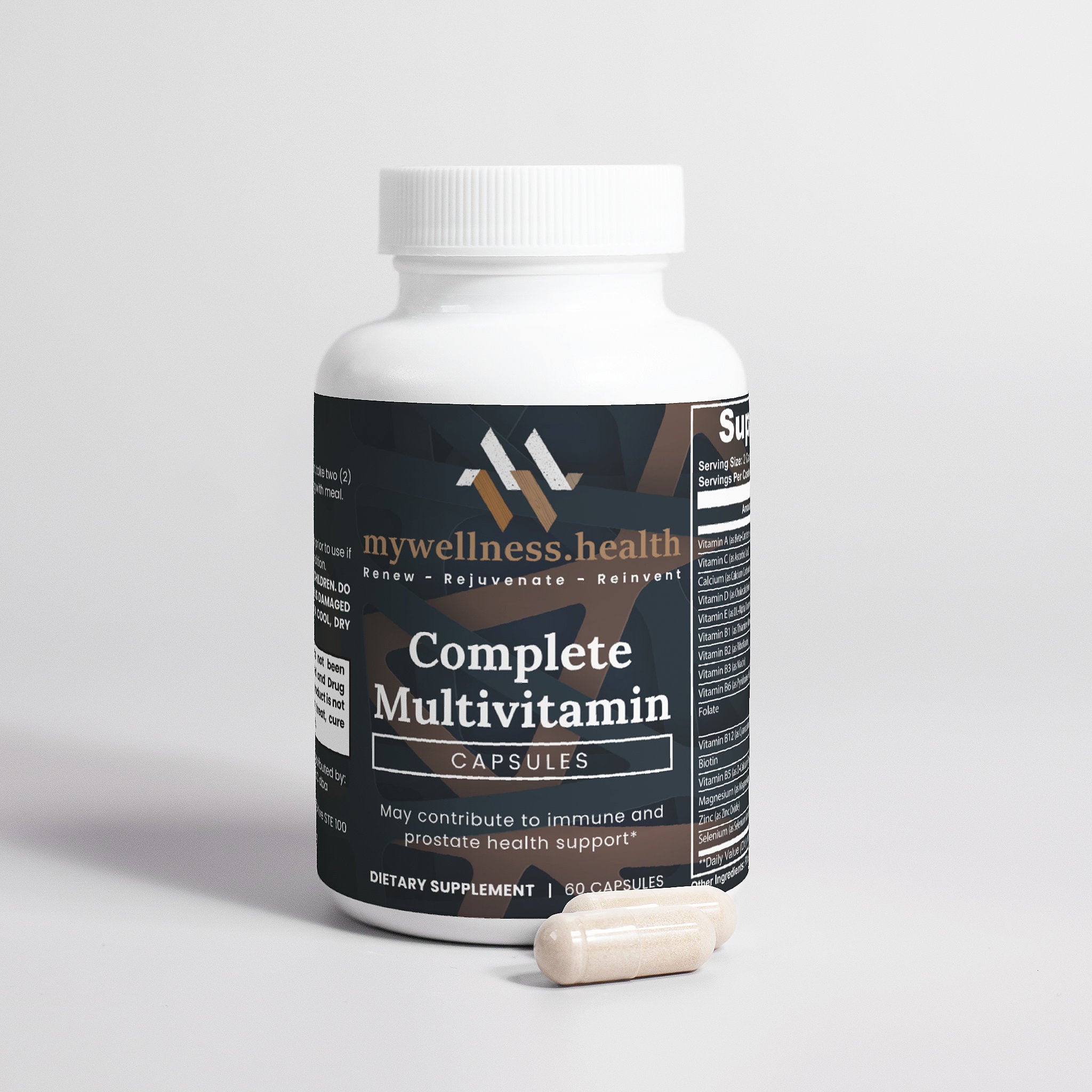 Green bottle of mywellness.health Complete Daily Multivitamin, plant-based, allergen-free, with antioxidant blend