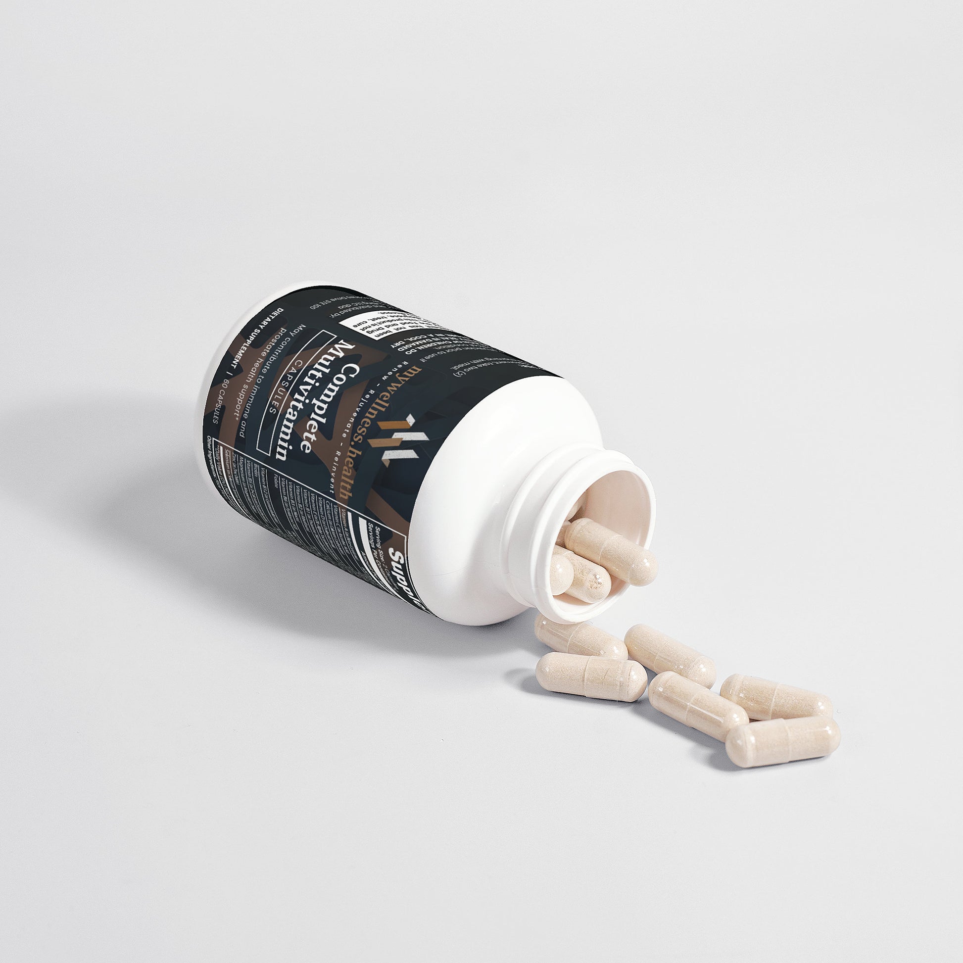 Green bottle of mywellness.health Complete Daily Multivitamin, allergen-free, plant-based formula with B-complex vitamins.