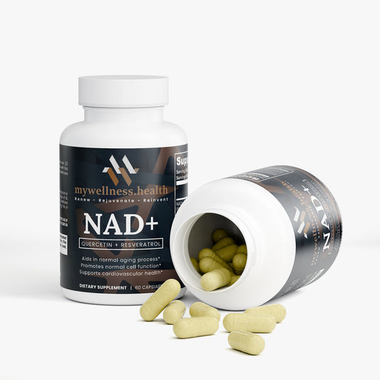 Green and white capsule supplement bottle with NAD+, Quercetin, and Resveratrol by mywellness.health