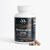 White bottle of mywellness.health Resveratrol 50% antioxidant supplement with blue label