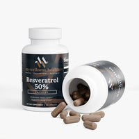 White bottle of mywellness.health Resveratrol 50% natural antioxidant supplement with label details