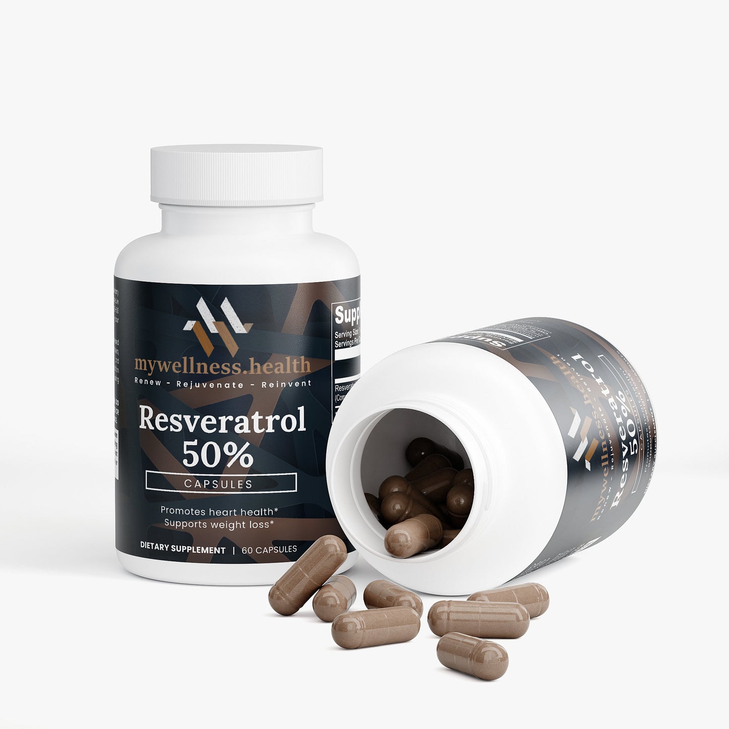 White bottle of mywellness.health Resveratrol 50% natural antioxidant supplement with label details