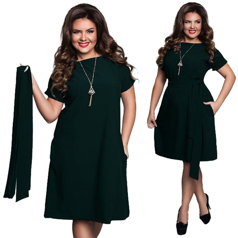 Dark blue soft drape A-line midi dress with belt, plus size, by Alabaster