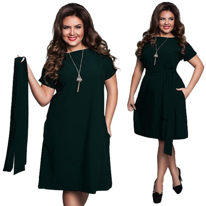 Dark blue soft drape A-line midi dress with belt, plus size, by Alabaster