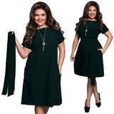 Dark blue soft drape A-line plus size midi dress with belt by Alabaster