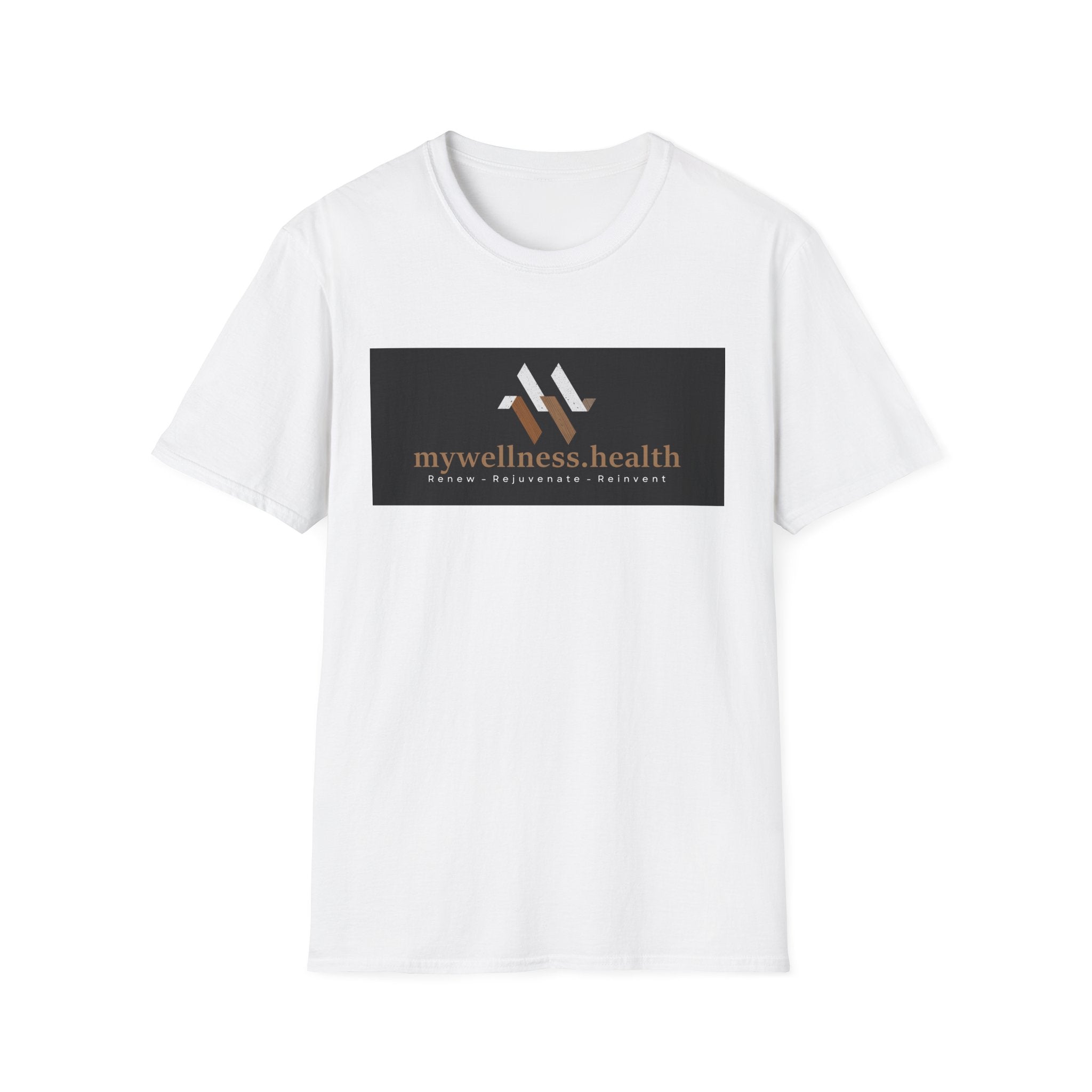 White 100% cotton t-shirt by mywellness.health, featuring reinforced comfort, available in sizes XS to M.