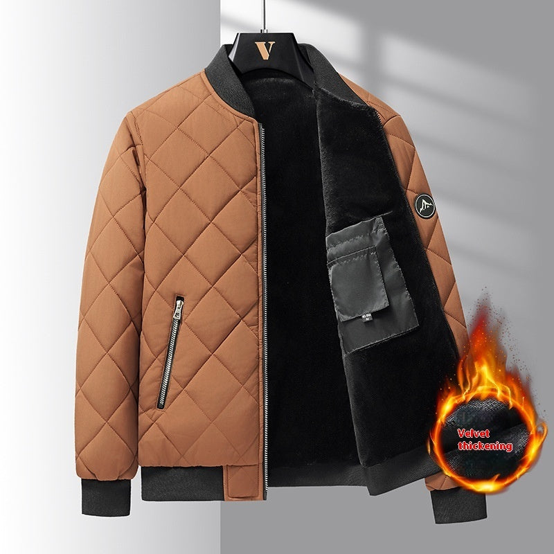 Khaki thickened quilted winter bomber jacket, velvet lined, casual baseball style by My Store
