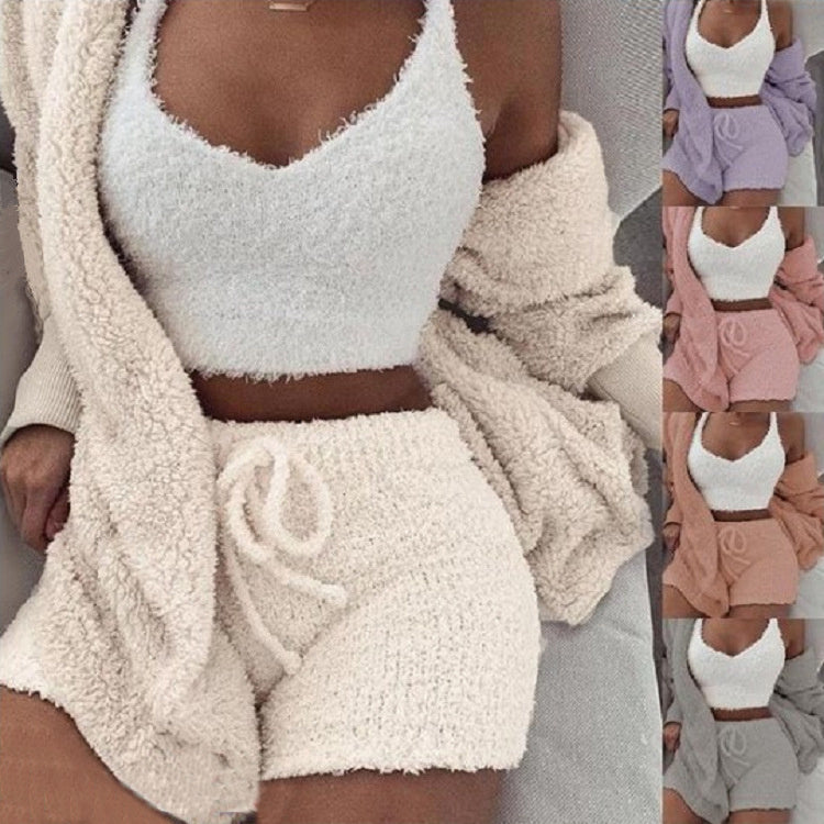 White velvet 3-piece pajama set with cardigan by Alabaster, featuring cozy and comfortable design.