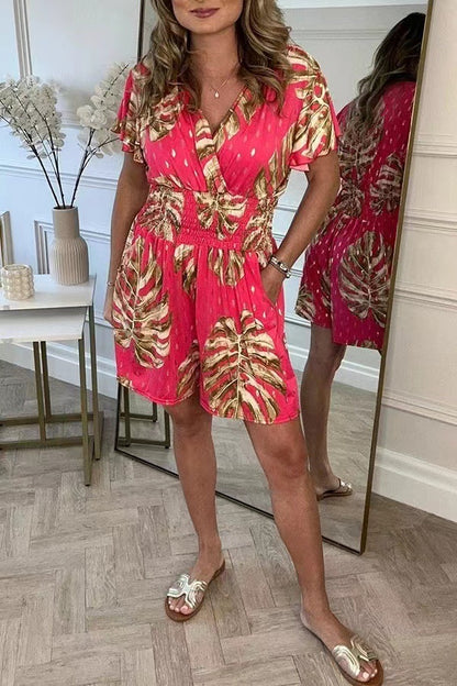 Lightweight Tropical Leaf Print Jumpsuit - V-Neck Summer Romper