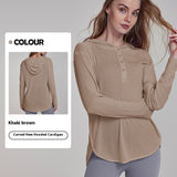 Kaki brown hooded long sleeve yoga top with curved hem and button-front by Alabaster, made for breathable comfort.