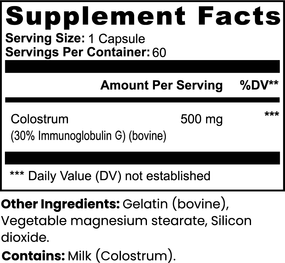 Natural colostrum capsules 500mg in a clear bottle, labeled for immune support by mywellness.health.