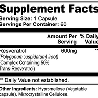 White bottle of Resveratrol 50% supplement from mywellness.health, labeled as allergen-free and antioxidant-rich.