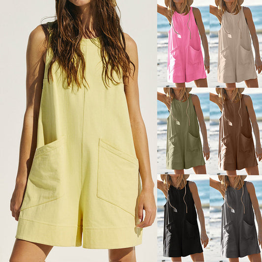 Cotton Sleeveless Pocket Jumpsuit - Loose Fit Wide Waist Romper