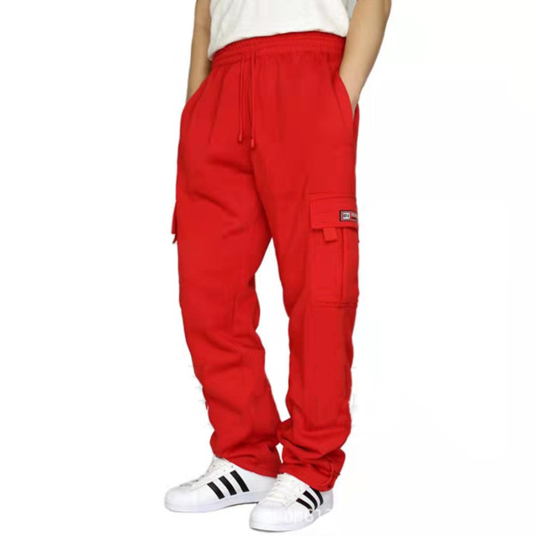Red elastic waist cargo joggers for men, featuring breathable fabric and casual style by My Store