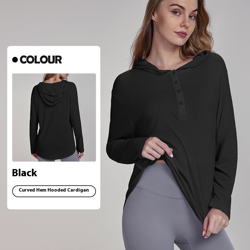 Hooded Long Sleeve Yoga Top with Curved Hem - Breathable