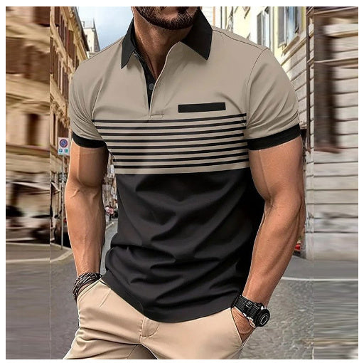Men's Striped Polo Shirt with Chest Pocket - Cotton Blend