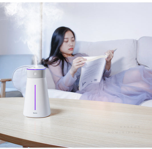 Baseus white USB humidifier with 2.6L capacity and quiet operation at 36dB, ideal for desktop use.