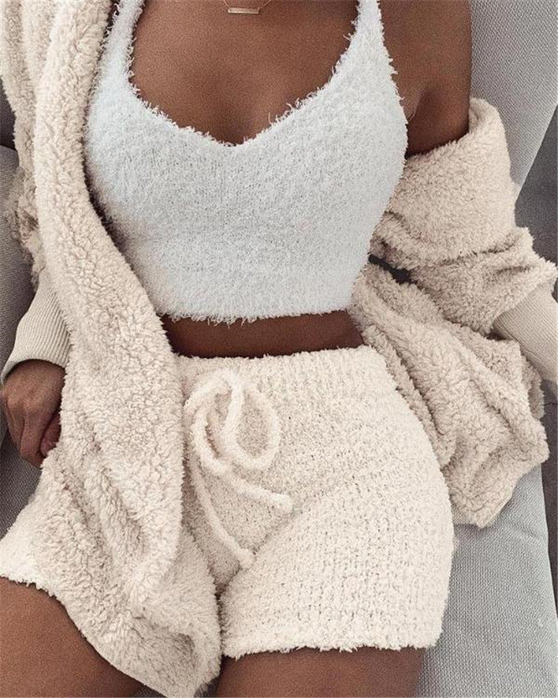 White velvet 3-piece pajama set with cardigan by Alabaster, featuring cozy and comfortable design.