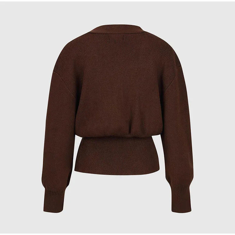 Brown polyester knit deep V button cardigan by Alabaster, featuring a stylish button closure.