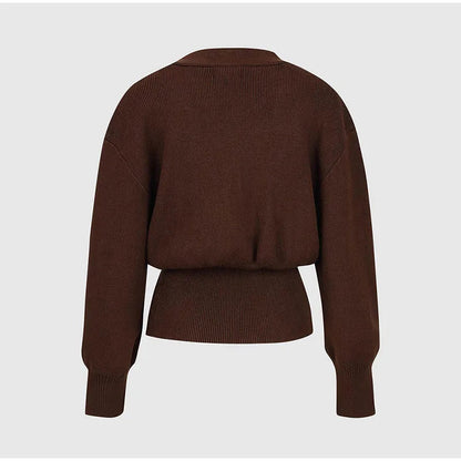 Brown polyester knit deep V button cardigan by Alabaster, featuring a stylish button closure.