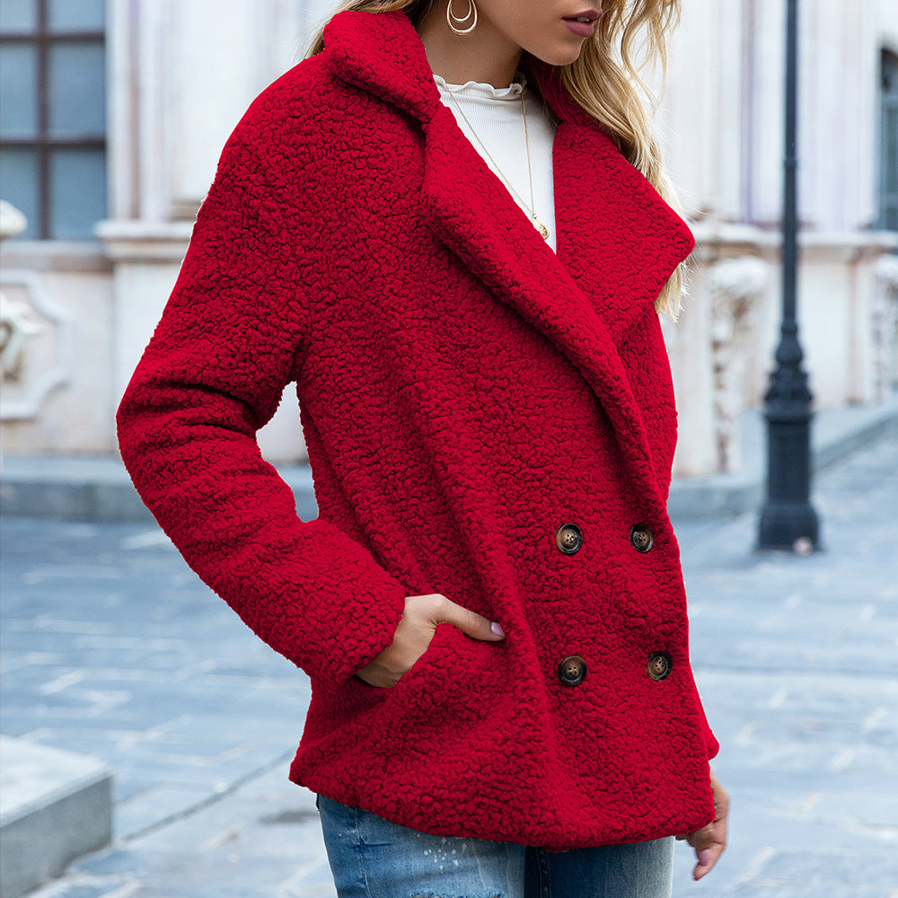 Fluffy Sherpa Button Jacket - Lapel Collar Cardigan Coat