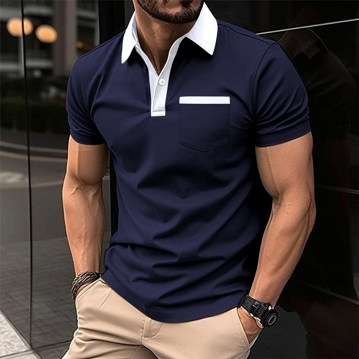 Yellow slim fit cotton blend polo shirt with lapel collar and chest pocket by My Store