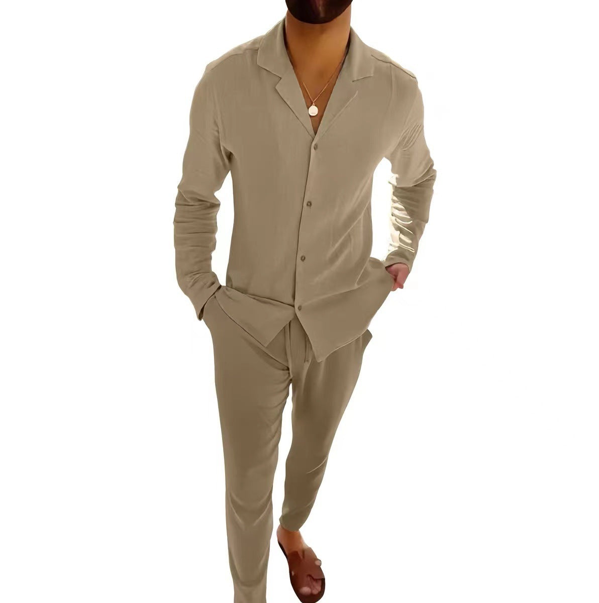Beige cotton long sleeve lapel shirt and slim fit pants set for men by My Store, ideal for autumn business casual wear.
