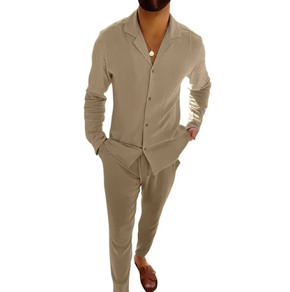 Beige cotton long sleeve lapel shirt and slim fit pants set for men by My Store, ideal for autumn business casual wear.